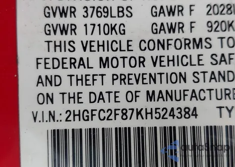 2019 Honda Civic Sport z USA, uszkodzony, nr VIN 2HGFC2F87KH524384